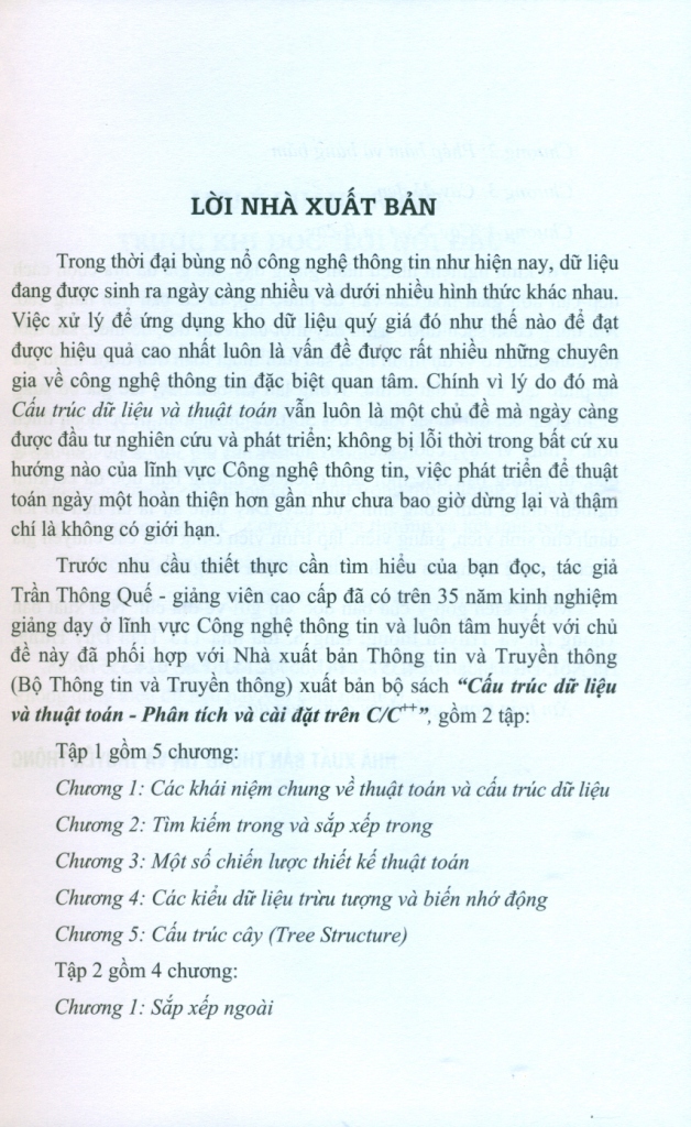 CẤU TRÚC DỮ LIỆU VÀ THUẬT TOÁN - PHÂN TÍCH VÀ CÀI ĐẶT TRÊN C/C++ (Tập 1)